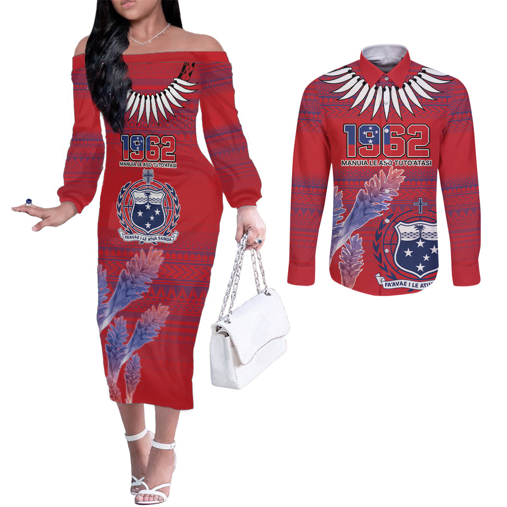 Custom Samoa 1962 Independence Day Custom Couples Matching Off The Shoulder Long Sleeve Dress and Long Sleeve Button Shirt Manuia le Aso Tuto'atasi Ula Nifo Red Art LT9 Red - Polynesian Pride