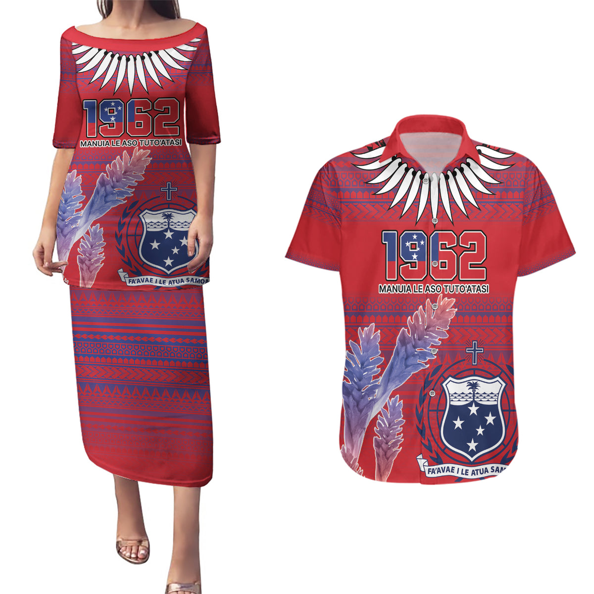 Custom Samoa 1962 Independence Day Custom Couples Matching Puletasi and Hawaiian Shirt Manuia le Aso Tuto'atasi Ula Nifo Red Art