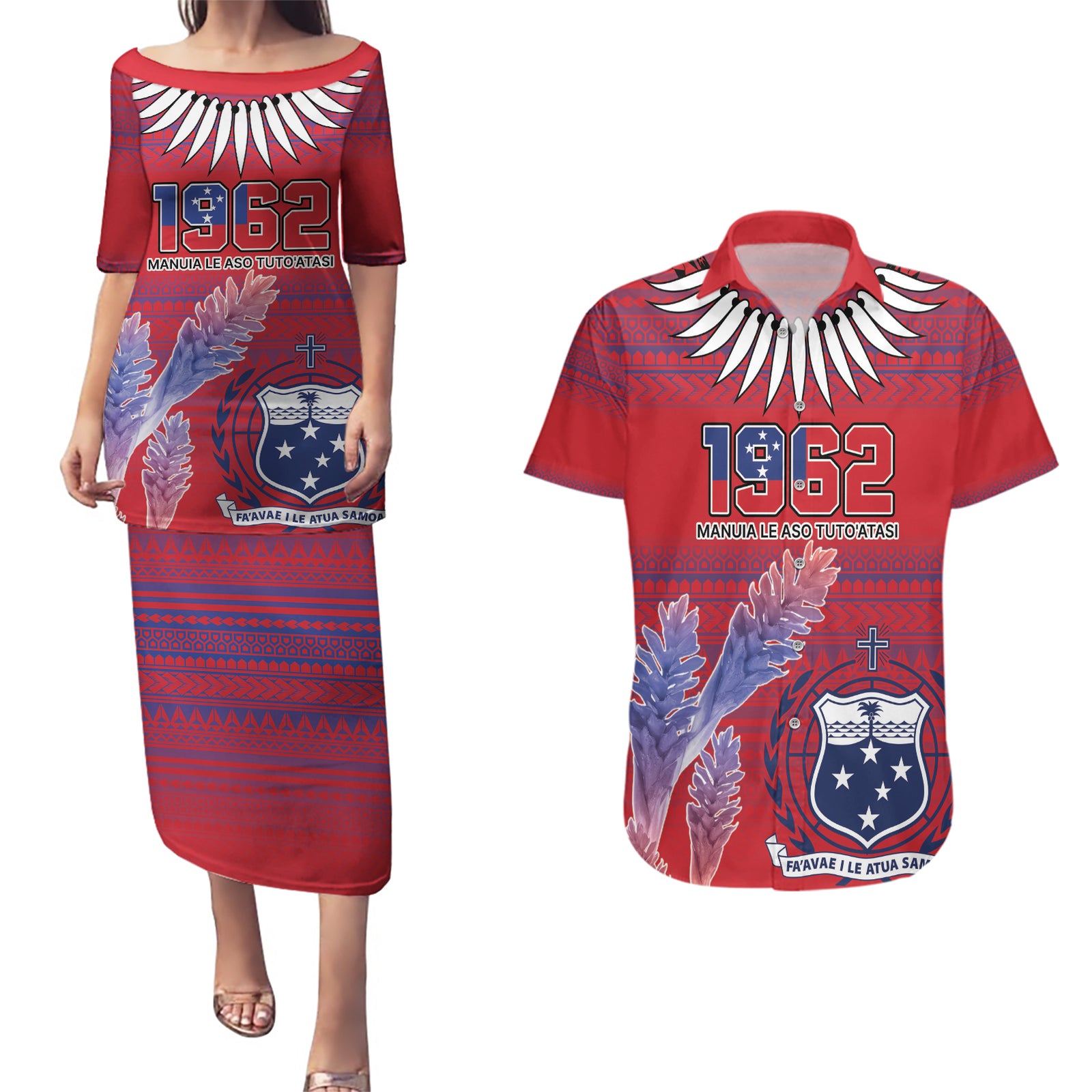 Custom Samoa 1962 Independence Day Custom Couples Matching Puletasi and Hawaiian Shirt Manuia le Aso Tuto'atasi Ula Nifo Red Art LT9 Red - Polynesian Pride