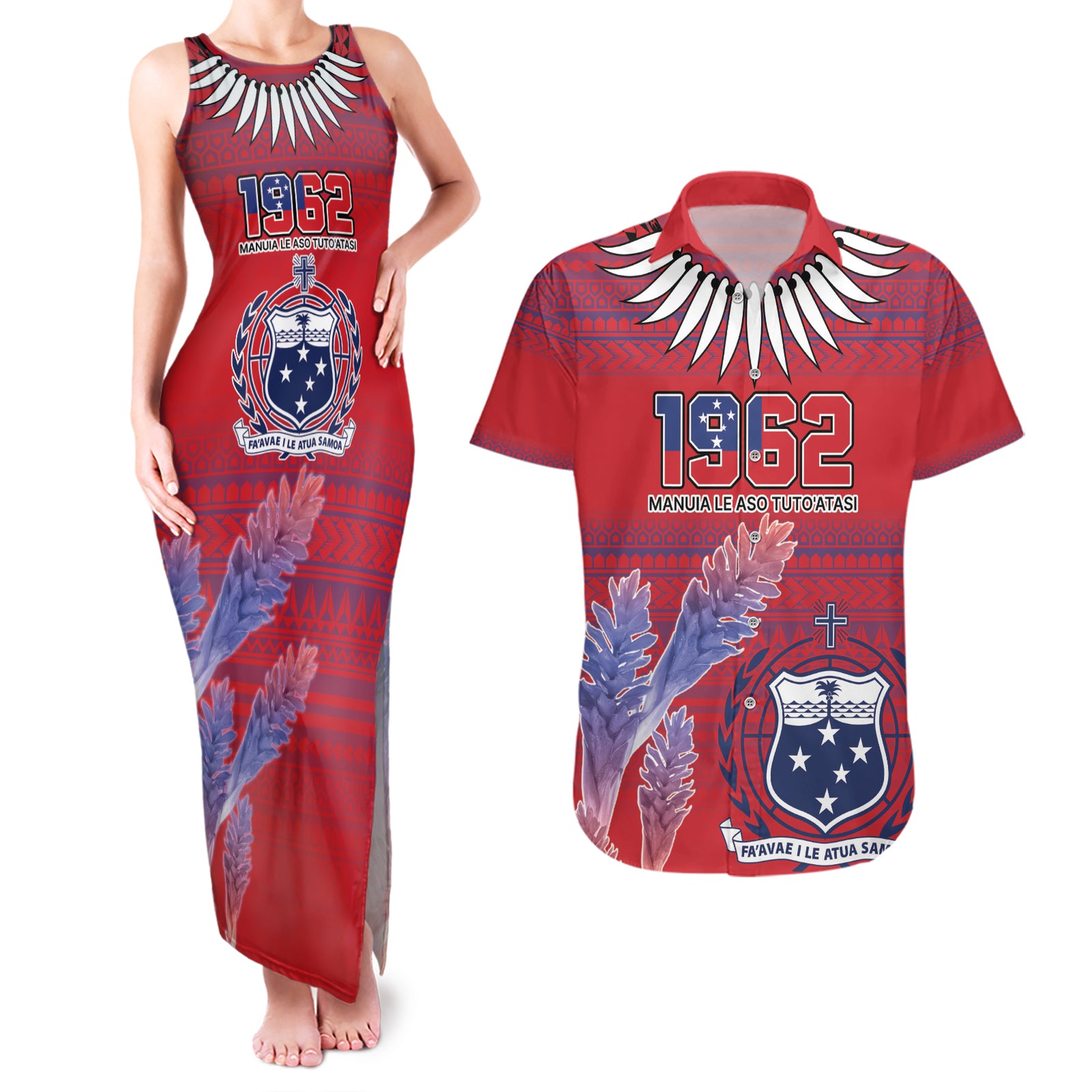 Custom Samoa 1962 Independence Day Custom Couples Matching Tank Maxi Dress and Hawaiian Shirt Manuia le Aso Tuto'atasi Ula Nifo Red Art LT9 Red - Polynesian Pride