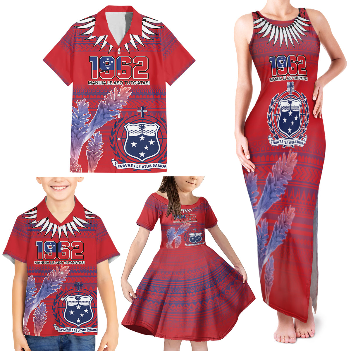 Custom Samoa 1962 Independence Day Custom Family Matching Tank Maxi Dress and Hawaiian Shirt Manuia le Aso Tuto'atasi Ula Nifo Red Art LT9 - Polynesian Pride