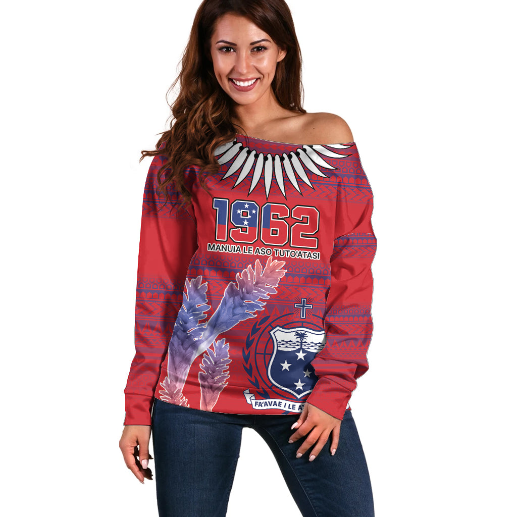 Custom Samoa 1962 Independence Day Custom Off Shoulder Sweater Manuia le Aso Tuto'atasi Ula Nifo Red Art LT9 Women Red - Polynesian Pride