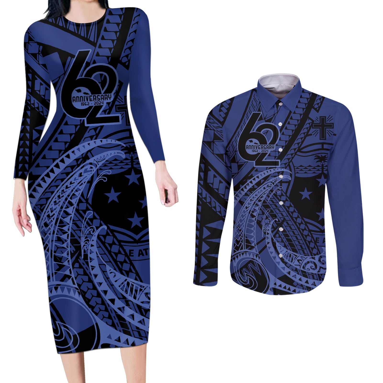Custom Samoa 62nd Manuia le Aso Tuto'atasi Couples Matching Long Sleeve Bodycon Dress and Long Sleeve Button Shirt Samoan Tatau Blue Art LT9 Blue - Polynesian Pride