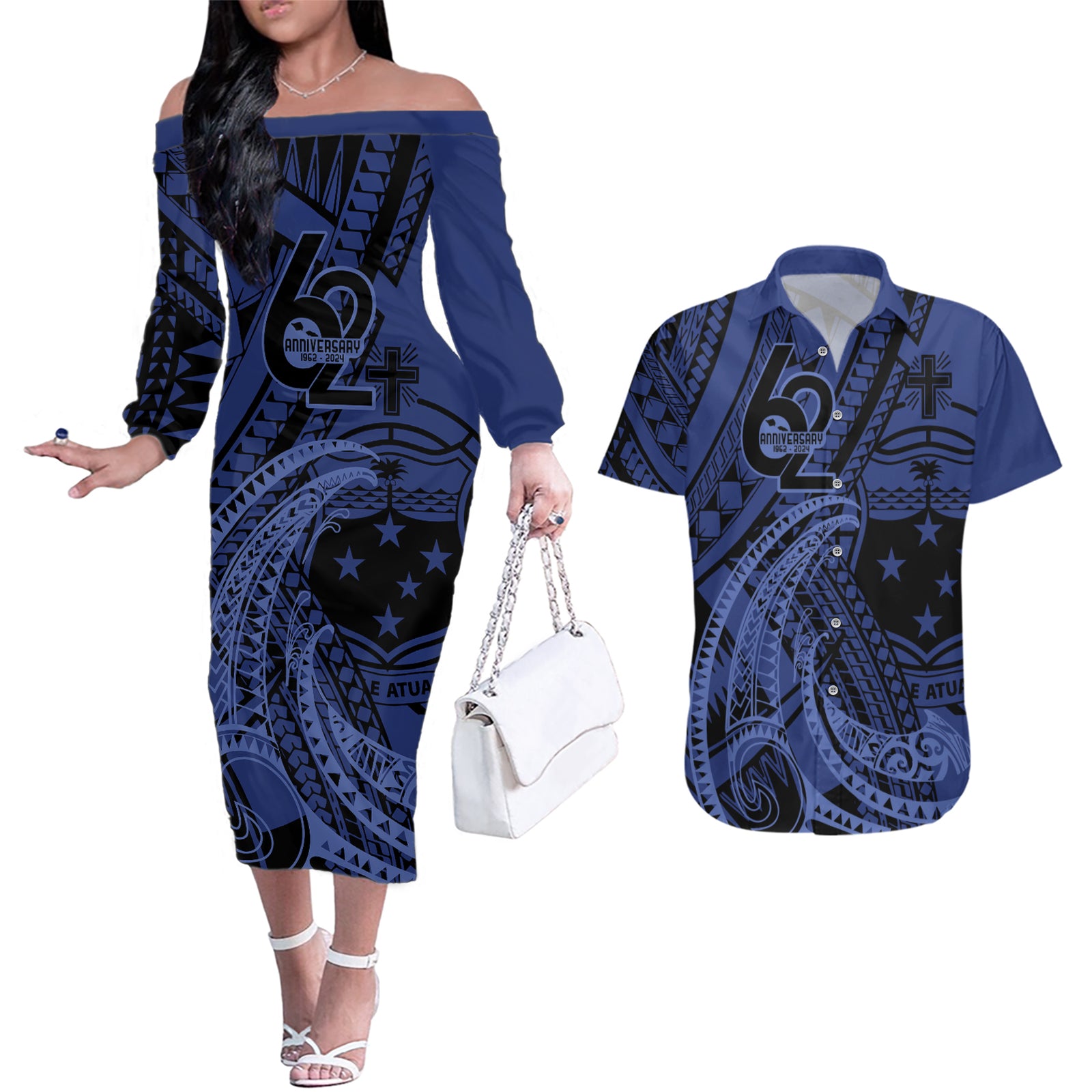 Custom Samoa 62nd Manuia le Aso Tuto'atasi Couples Matching Off The Shoulder Long Sleeve Dress and Hawaiian Shirt Samoan Tatau Blue Art LT9 Blue - Polynesian Pride