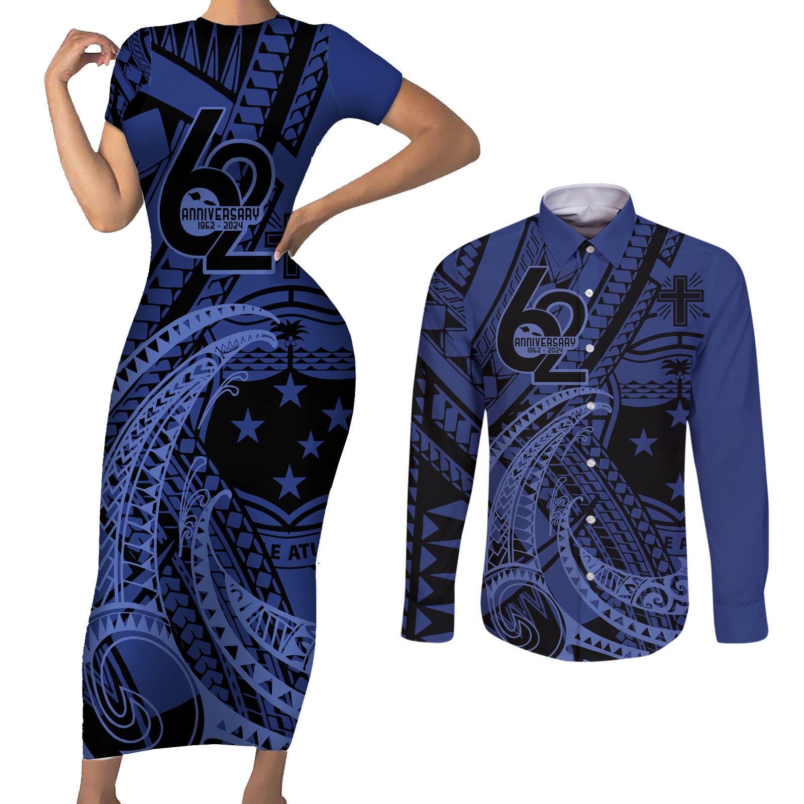 Custom Samoa 62nd Manuia le Aso Tuto'atasi Couples Matching Short Sleeve Bodycon Dress and Long Sleeve Button Shirt Samoan Tatau Blue Art LT9 Blue - Polynesian Pride