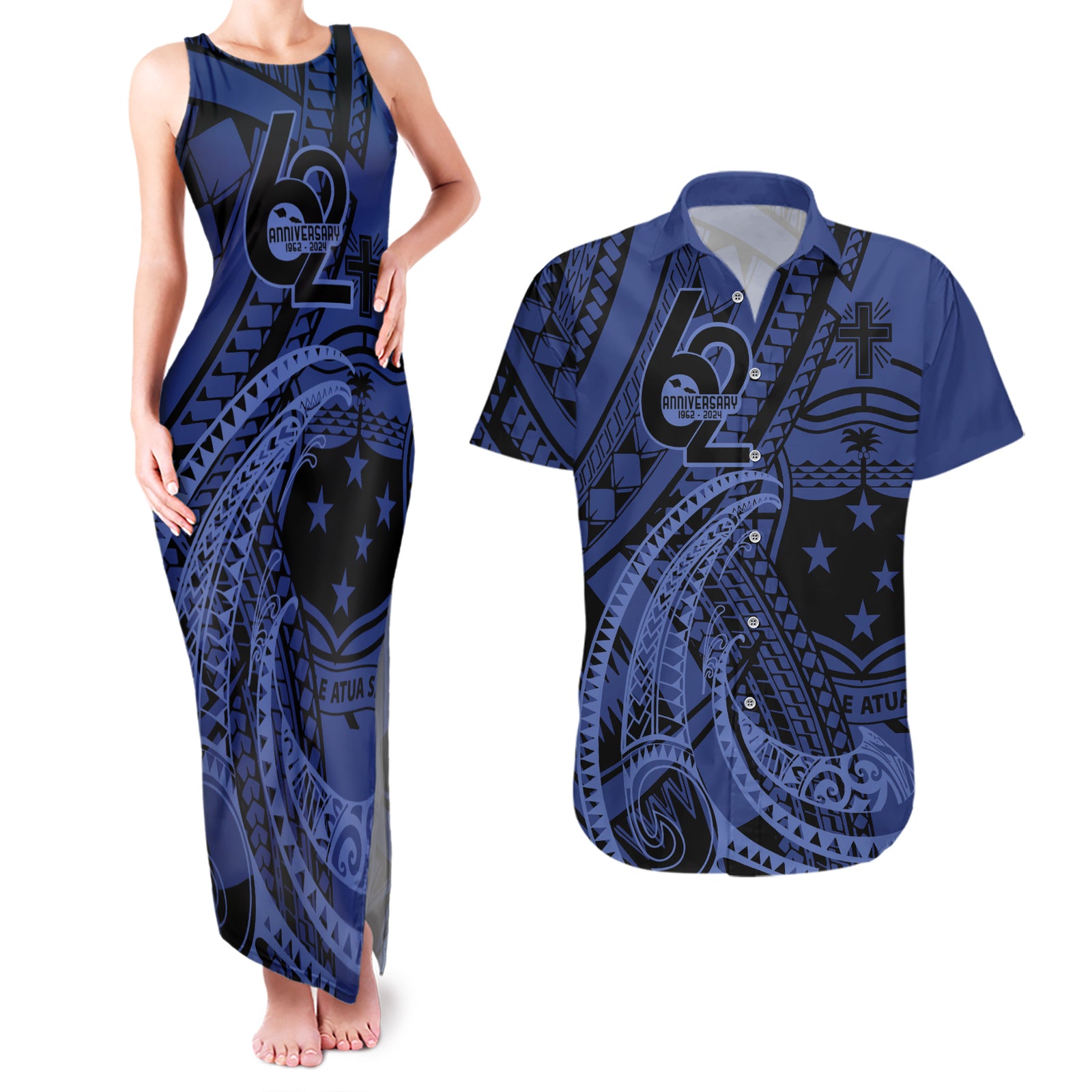 Custom Samoa 62nd Manuia le Aso Tuto'atasi Couples Matching Tank Maxi Dress and Hawaiian Shirt Samoan Tatau Blue Art LT9 Blue - Polynesian Pride