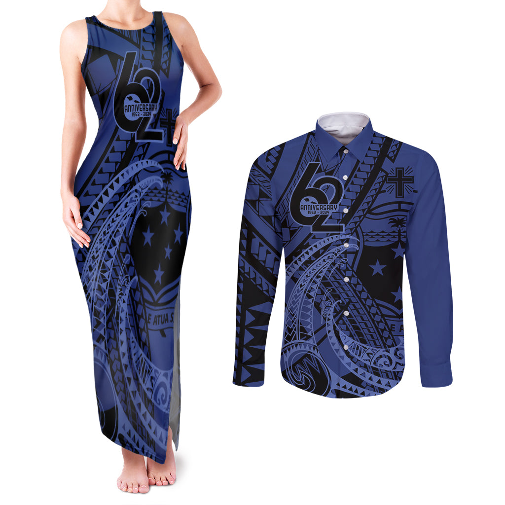 Custom Samoa 62nd Manuia le Aso Tuto'atasi Couples Matching Tank Maxi Dress and Long Sleeve Button Shirt Samoan Tatau Blue Art LT9 Blue - Polynesian Pride