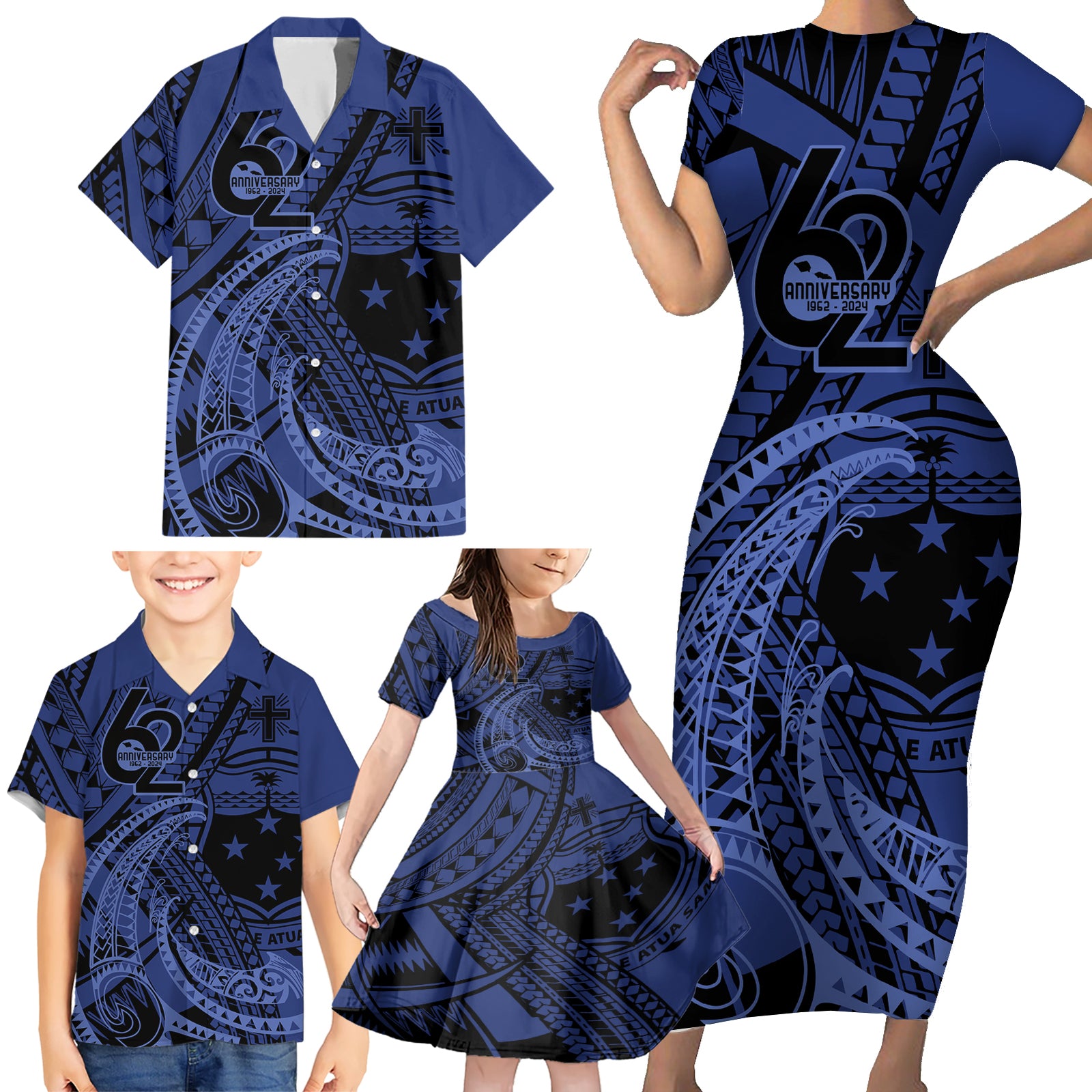 Custom Samoa 62nd Manuia le Aso Tuto'atasi Family Matching Short Sleeve Bodycon Dress and Hawaiian Shirt Samoan Tatau Blue Art LT9 - Polynesian Pride