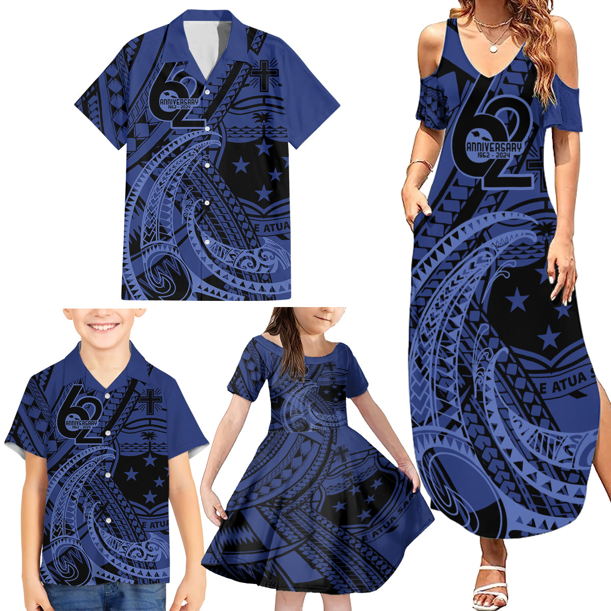 Custom Samoa 62nd Manuia le Aso Tuto'atasi Family Matching Summer Maxi Dress and Hawaiian Shirt Samoan Tatau Blue Art LT9 - Polynesian Pride