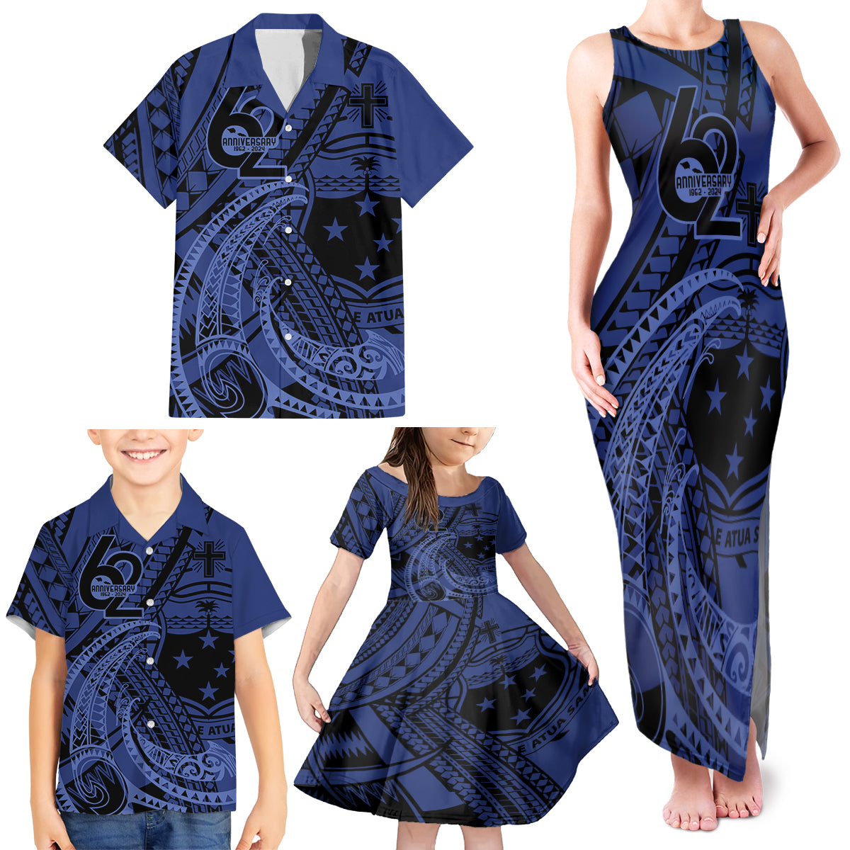 Custom Samoa 62nd Manuia le Aso Tuto'atasi Family Matching Tank Maxi Dress and Hawaiian Shirt Samoan Tatau Blue Art LT9 - Polynesian Pride
