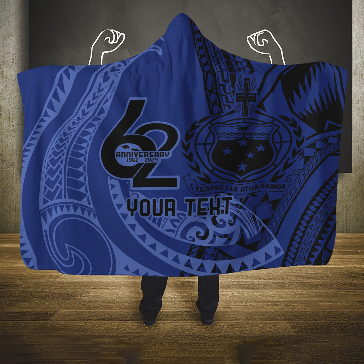 Custom Samoa 62nd Manuia le Aso Tuto'atasi Hooded Blanket Samoan Tatau Blue Art LT9 One Size Blue - Polynesian Pride