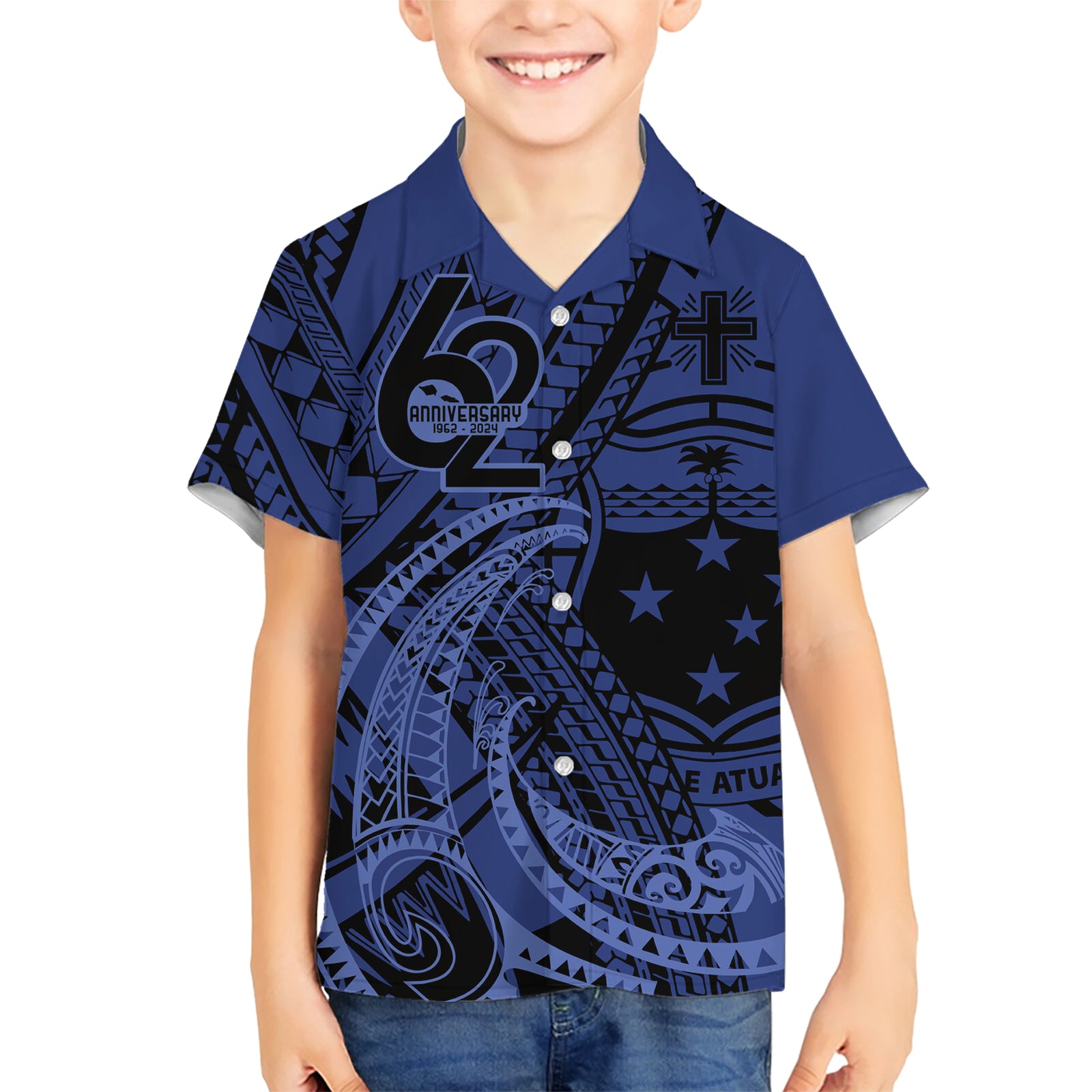 Custom Samoa 62nd Manuia le Aso Tuto'atasi Kid Hawaiian Shirt Samoan Tatau Blue Art LT9 Kid Blue - Polynesian Pride