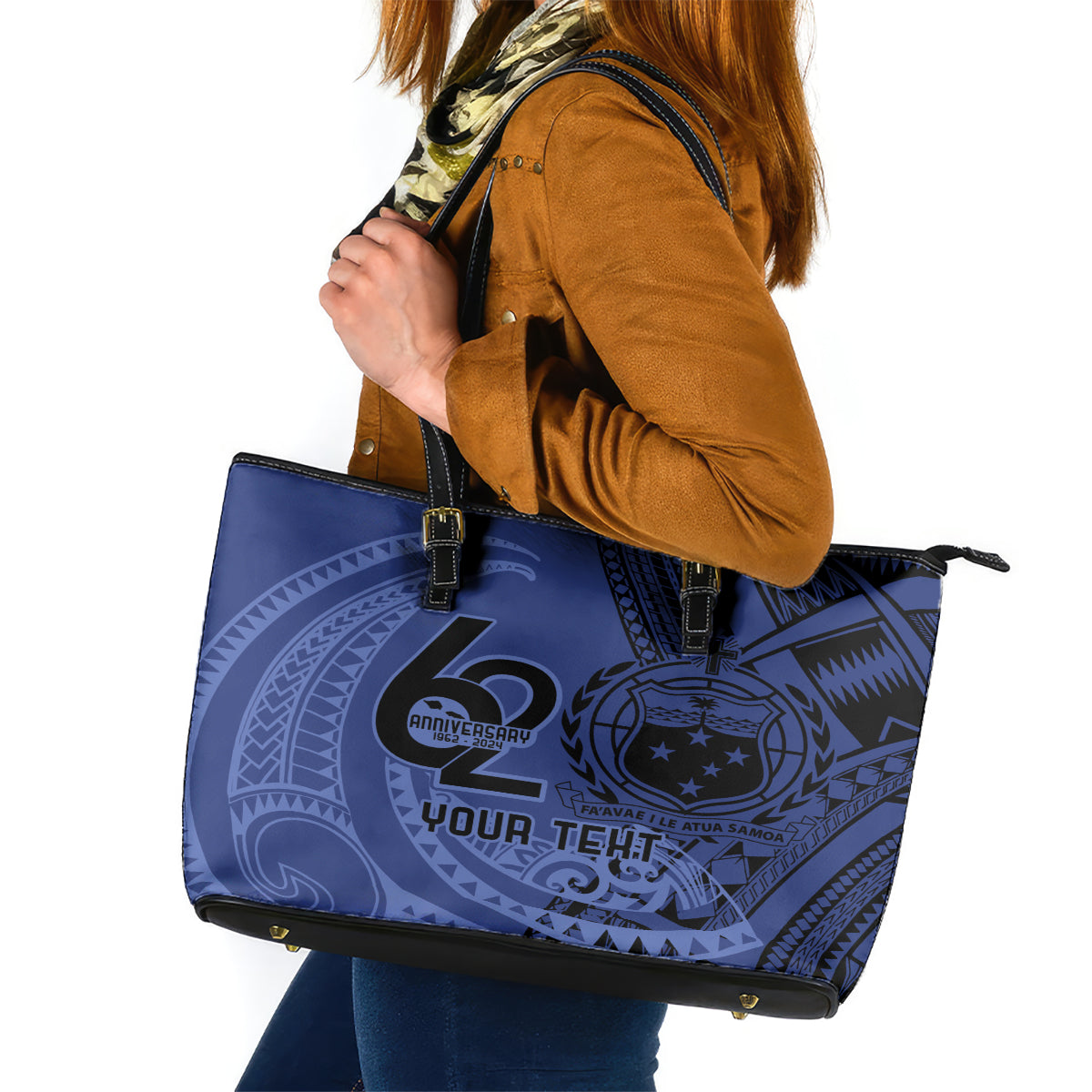 Custom Samoa 62nd Manuia le Aso Tuto'atasi Leather Tote Bag Samoan Tatau Blue Art LT9 Blue - Polynesian Pride