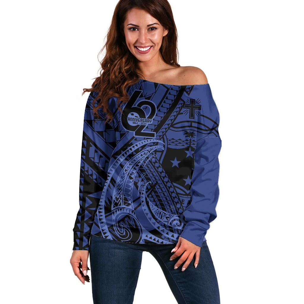Custom Samoa 62nd Manuia le Aso Tuto'atasi Off Shoulder Sweater Samoan Tatau Blue Art LT9 Women Blue - Polynesian Pride