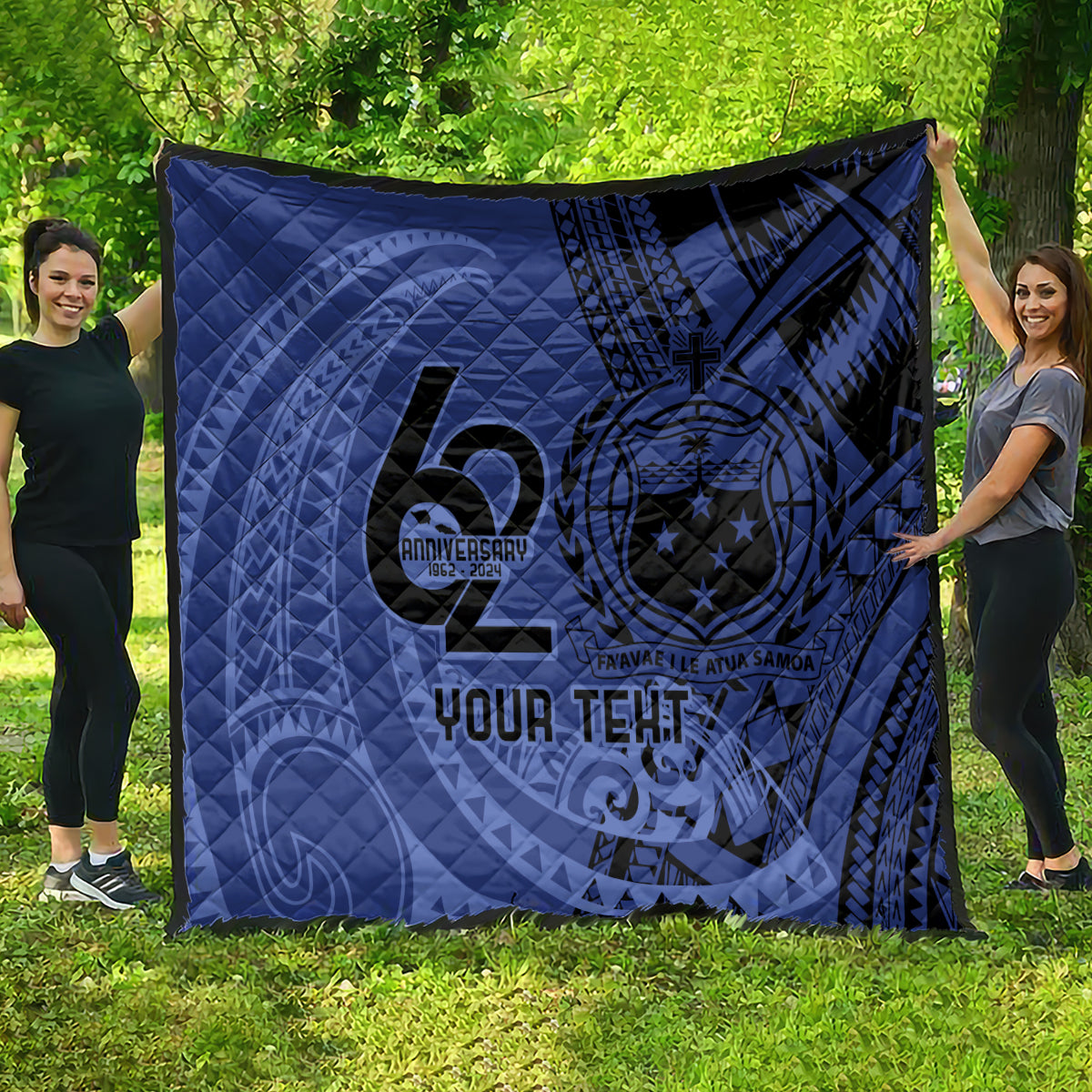 Custom Samoa 62nd Manuia le Aso Tuto'atasi Quilt Samoan Tatau Blue Art
