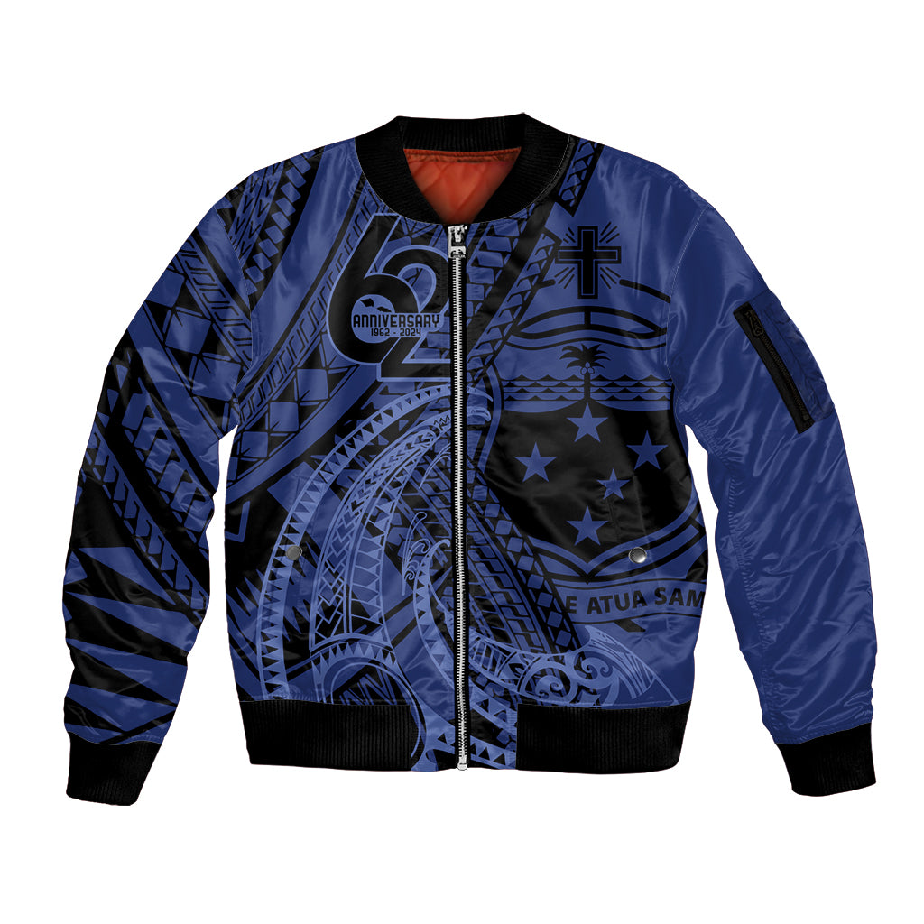 Custom Samoa 62nd Manuia le Aso Tuto'atasi Sleeve Zip Bomber Jacket Samoan Tatau Blue Art LT9 Unisex Blue - Polynesian Pride