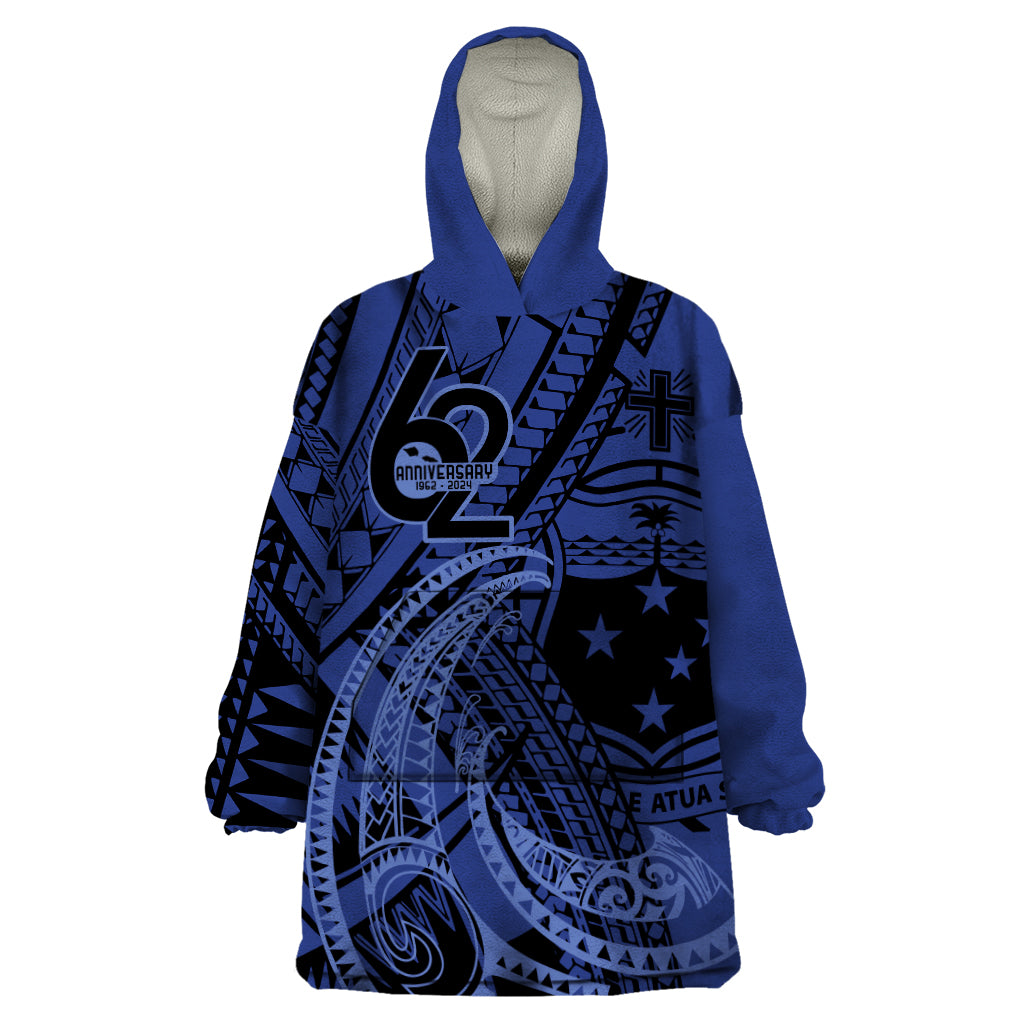Custom Samoa 62nd Manuia le Aso Tuto'atasi Wearable Blanket Hoodie Samoan Tatau Blue Art LT9 One Size Blue - Polynesian Pride