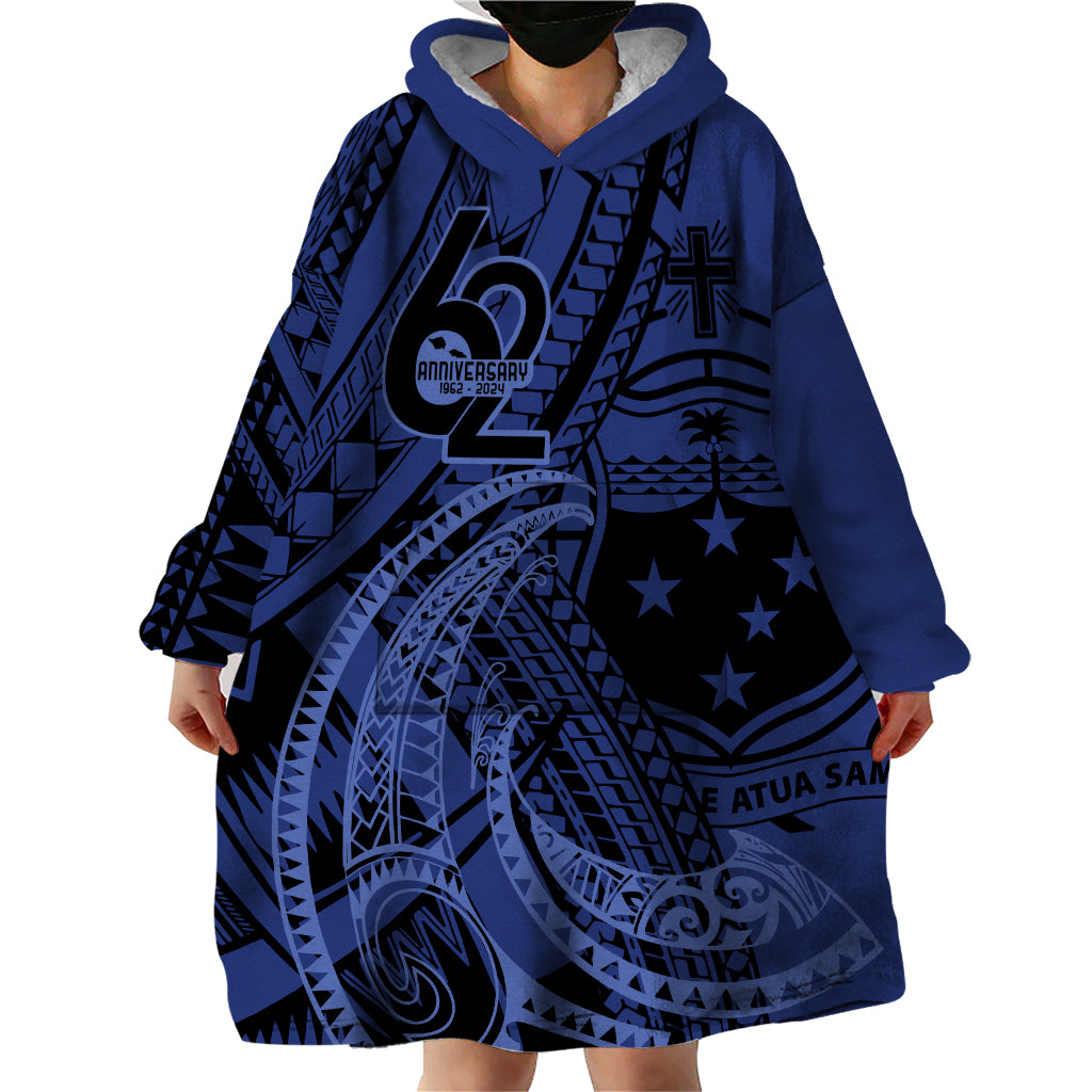 Custom Samoa 62nd Manuia le Aso Tuto'atasi Wearable Blanket Hoodie Samoan Tatau Blue Art