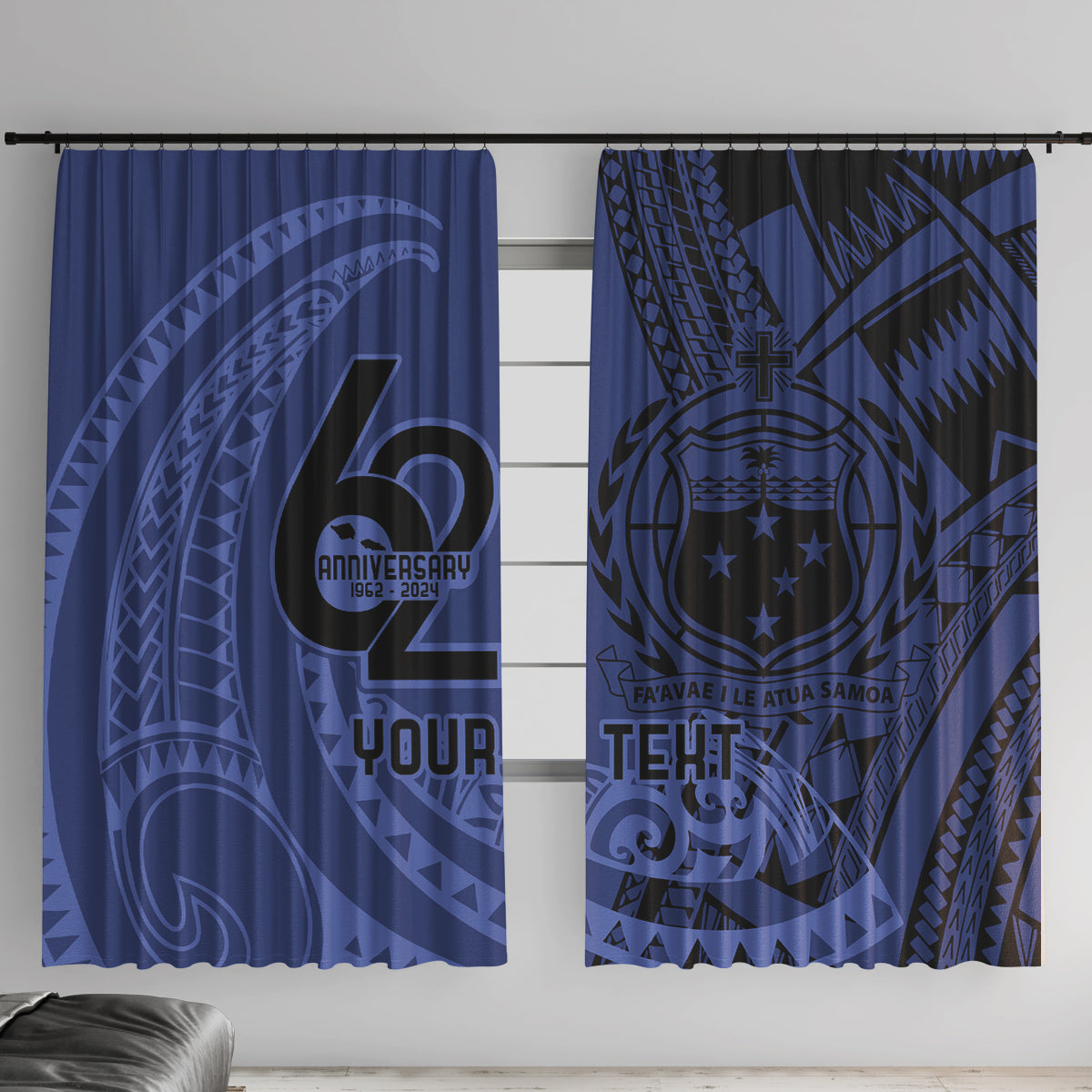 Custom Samoa 62nd Manuia le Aso Tuto'atasi Window Curtain Samoan Tatau Blue Art LT9 With Hooks Blue - Polynesian Pride