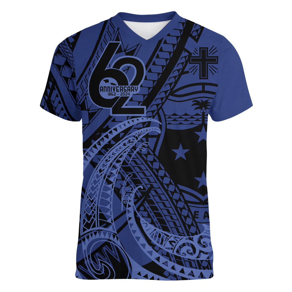 Custom Samoa 62nd Manuia le Aso Tuto'atasi Women V-Neck T-Shirt Samoan Tatau Blue Art