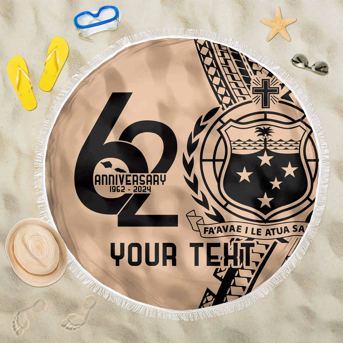 Custom Samoa Manuia le 62 Tausaga O le Tutoatasi Beach Blanket Samoan Tatau Beige Art LT9 One Size 150cm Beige - Polynesian Pride