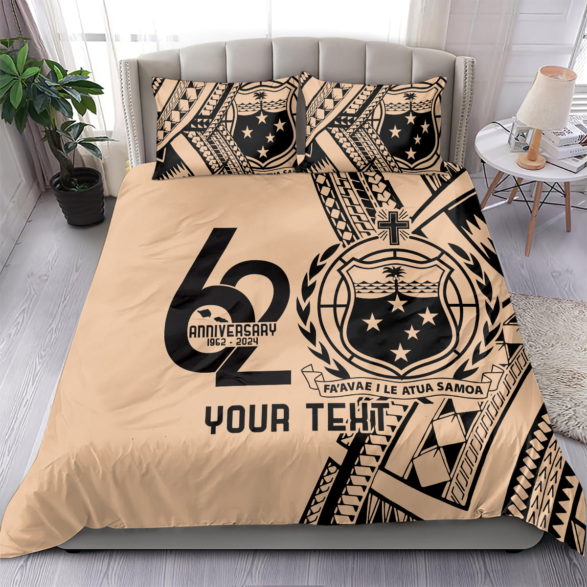 Custom Samoa Manuia le 62 Tausaga O le Tuto’atasi Bedding Set Samoan Tatau Beige Art