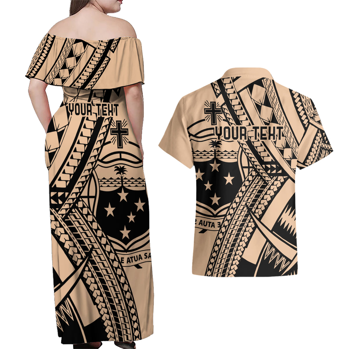 Custom Samoa Manuia le 62 Tausaga O le Tuto’atasi Couples Matching Off Shoulder Maxi Dress and Hawaiian Shirt Samoan Tatau Beige Art
