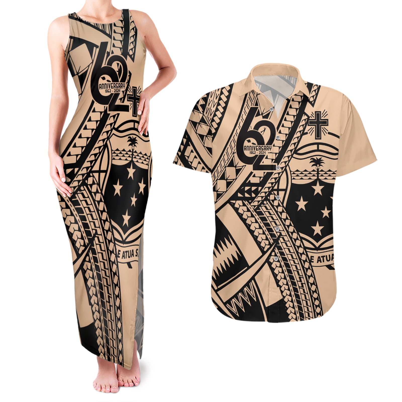 Custom Samoa Manuia le 62 Tausaga O le Tutoatasi Couples Matching Tank Maxi Dress and Hawaiian Shirt Samoan Tatau Beige Art LT9 Beige - Polynesian Pride