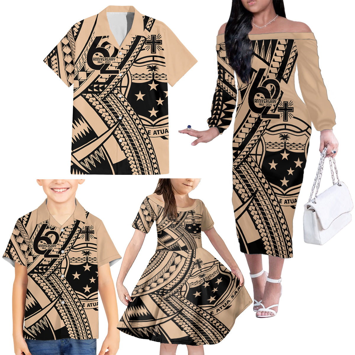 Custom Samoa Manuia le 62 Tausaga O le Tutoatasi Family Matching Off The Shoulder Long Sleeve Dress and Hawaiian Shirt Samoan Tatau Beige Art LT9 - Polynesian Pride