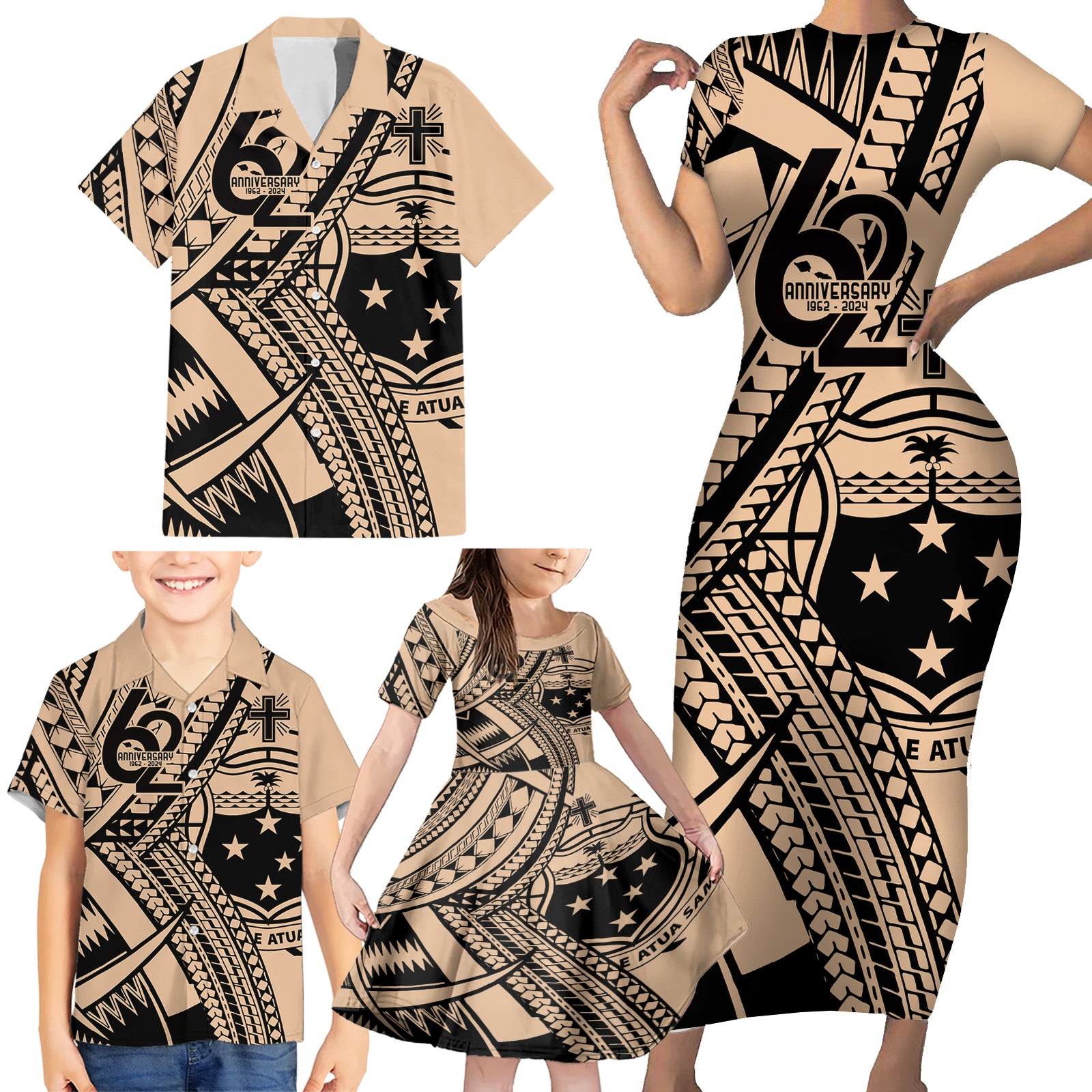 Custom Samoa Manuia le 62 Tausaga O le Tutoatasi Family Matching Short Sleeve Bodycon Dress and Hawaiian Shirt Samoan Tatau Beige Art LT9 - Polynesian Pride