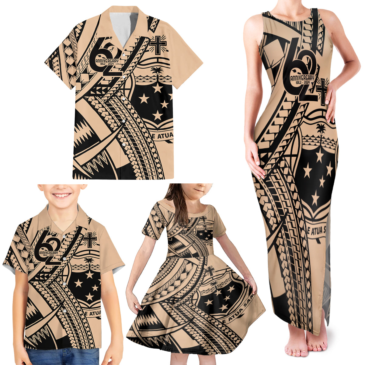 Custom Samoa Manuia le 62 Tausaga O le Tutoatasi Family Matching Tank Maxi Dress and Hawaiian Shirt Samoan Tatau Beige Art LT9 - Polynesian Pride