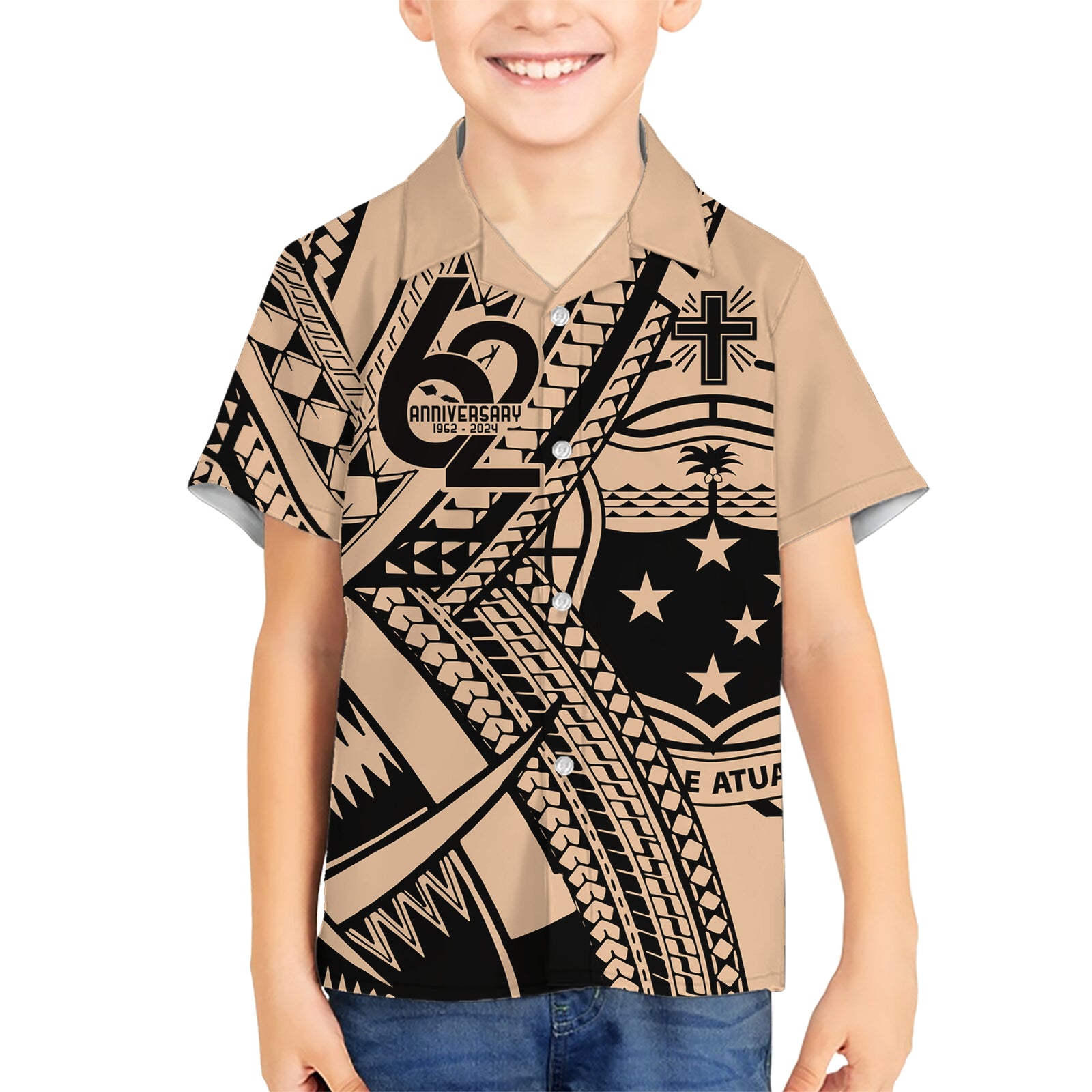 Custom Samoa Manuia le 62 Tausaga O le Tutoatasi Kid Hawaiian Shirt Samoan Tatau Beige Art LT9 Kid Beige - Polynesian Pride
