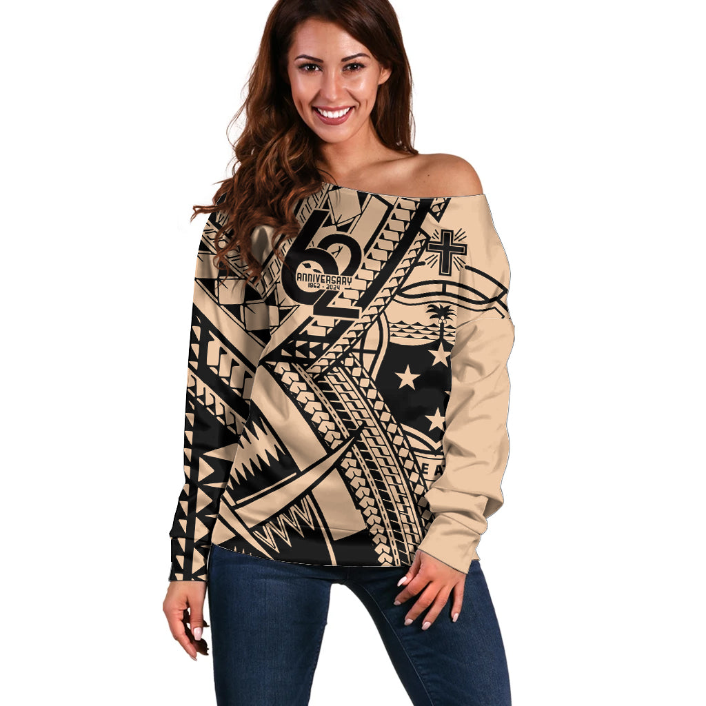 Custom Samoa Manuia le 62 Tausaga O le Tutoatasi Off Shoulder Sweater Samoan Tatau Beige Art LT9 Women Beige - Polynesian Pride