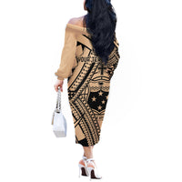 Custom Samoa Manuia le 62 Tausaga O le Tuto’atasi Off The Shoulder Long Sleeve Dress Samoan Tatau Beige Art