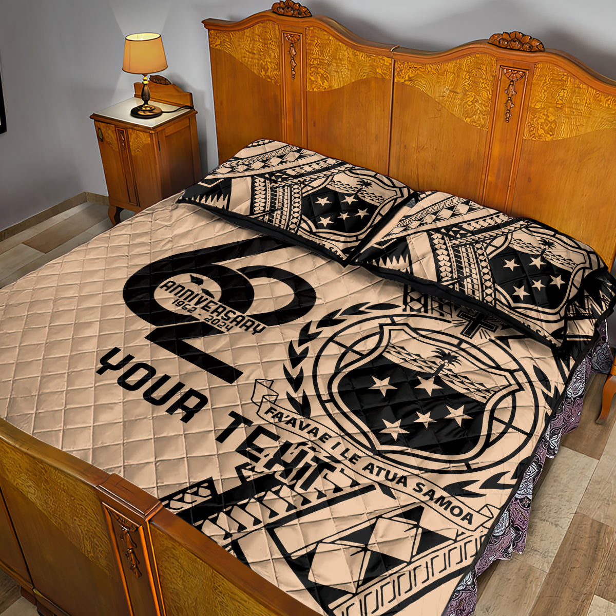 Custom Samoa Manuia le 62 Tausaga O le Tuto’atasi Quilt Bed Set Samoan Tatau Beige Art