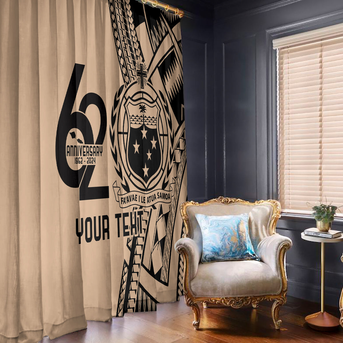 Custom Samoa Manuia le 62 Tausaga O le Tuto’atasi Window Curtain Samoan Tatau Beige Art