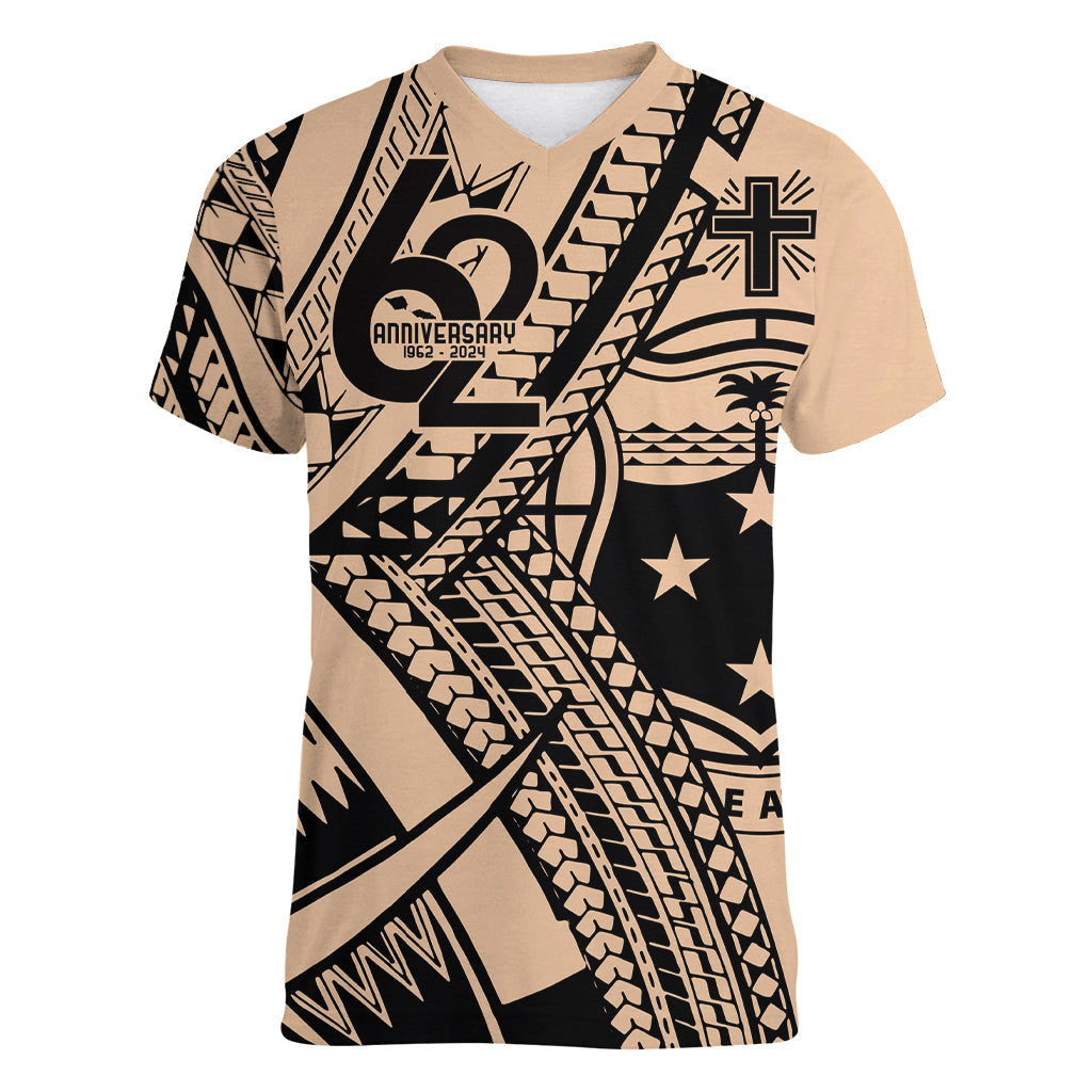Custom Samoa Manuia le 62 Tausaga O le Tuto’atasi Women V-Neck T-Shirt Samoan Tatau Beige Art