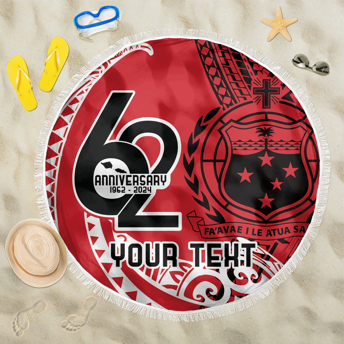 Custom Samoa Manuia le 62 Tausaga O le Tutoatasi Beach Blanket Samoan Tatau Red Art LT9 One Size 150cm Red - Polynesian Pride