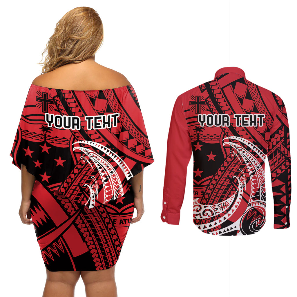 Custom Samoa Manuia le 62 Tausaga O le Tuto’atasi Couples Matching Off Shoulder Short Dress and Long Sleeve Button Shirt Samoan Tatau Red Art