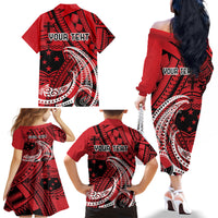 Custom Samoa Manuia le 62 Tausaga O le Tuto’atasi Family Matching Off The Shoulder Long Sleeve Dress and Hawaiian Shirt Samoan Tatau Red Art