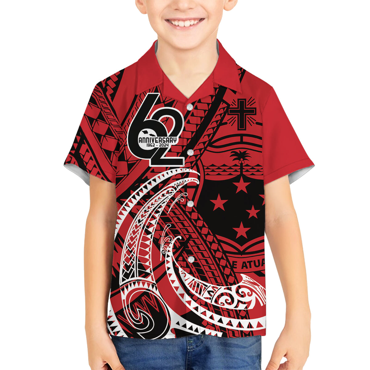 Custom Samoa Manuia le 62 Tausaga O le Tuto’atasi Family Matching Off Shoulder Maxi Dress and Hawaiian Shirt Samoan Tatau Red Art