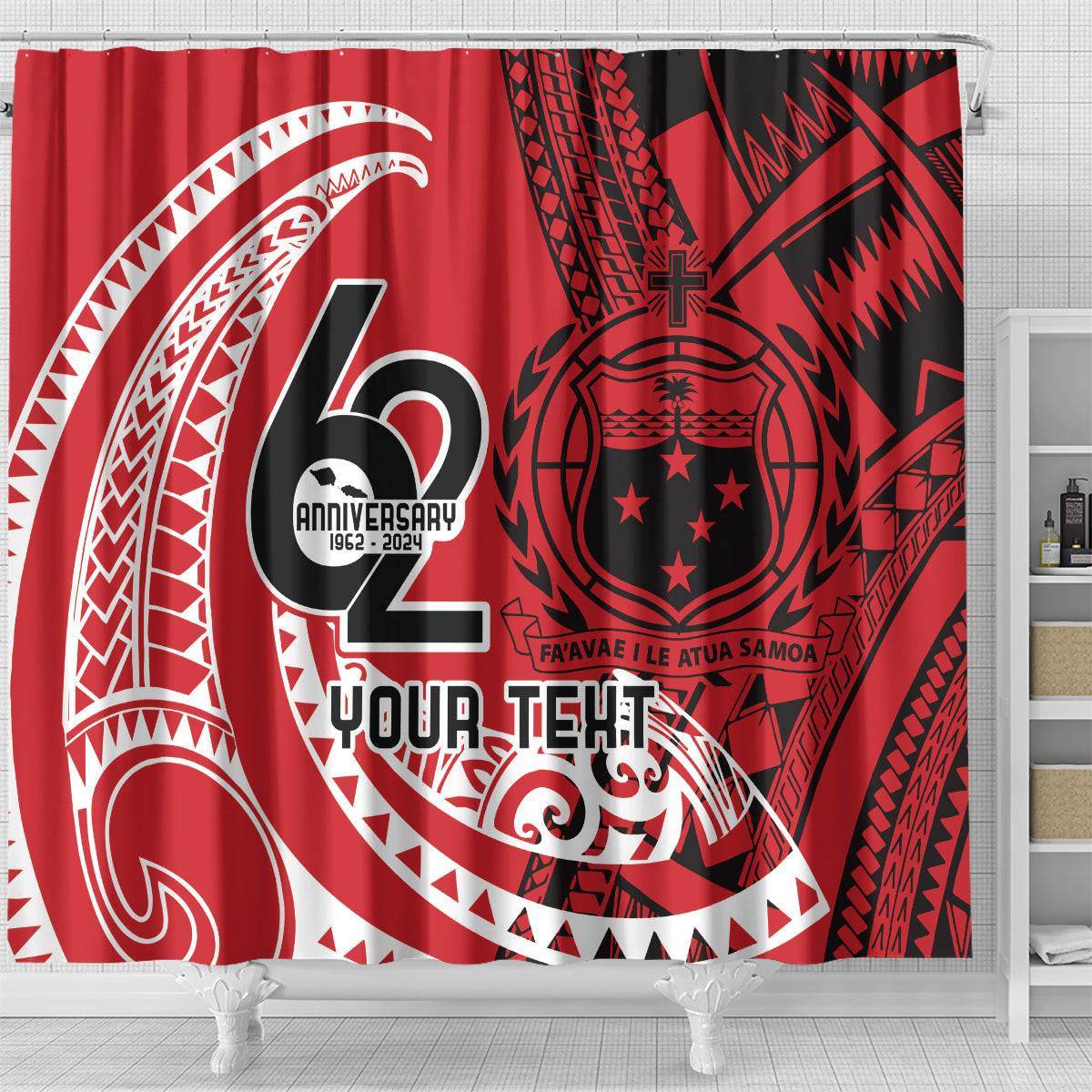 Custom Samoa Manuia le 62 Tausaga O le Tuto’atasi Shower Curtain Samoan Tatau Red Art