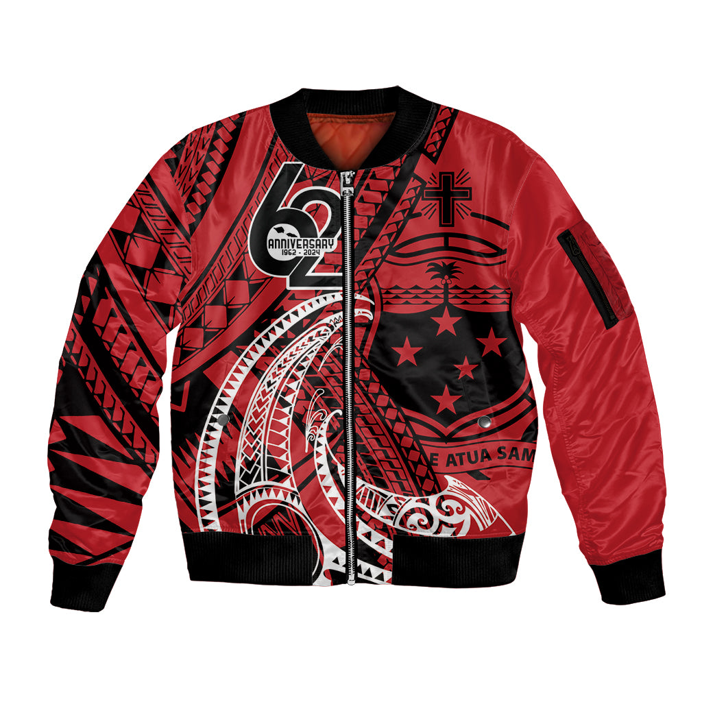 Custom Samoa Manuia le 62 Tausaga O le Tutoatasi Sleeve Zip Bomber Jacket Samoan Tatau Red Art LT9 Unisex Red - Polynesian Pride