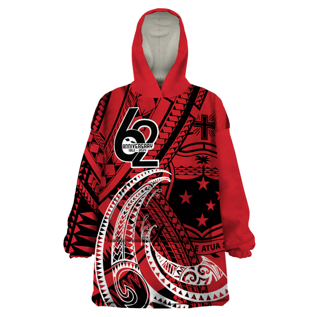 Custom Samoa Manuia le 62 Tausaga O le Tuto’atasi Wearable Blanket Hoodie Samoan Tatau Red Art