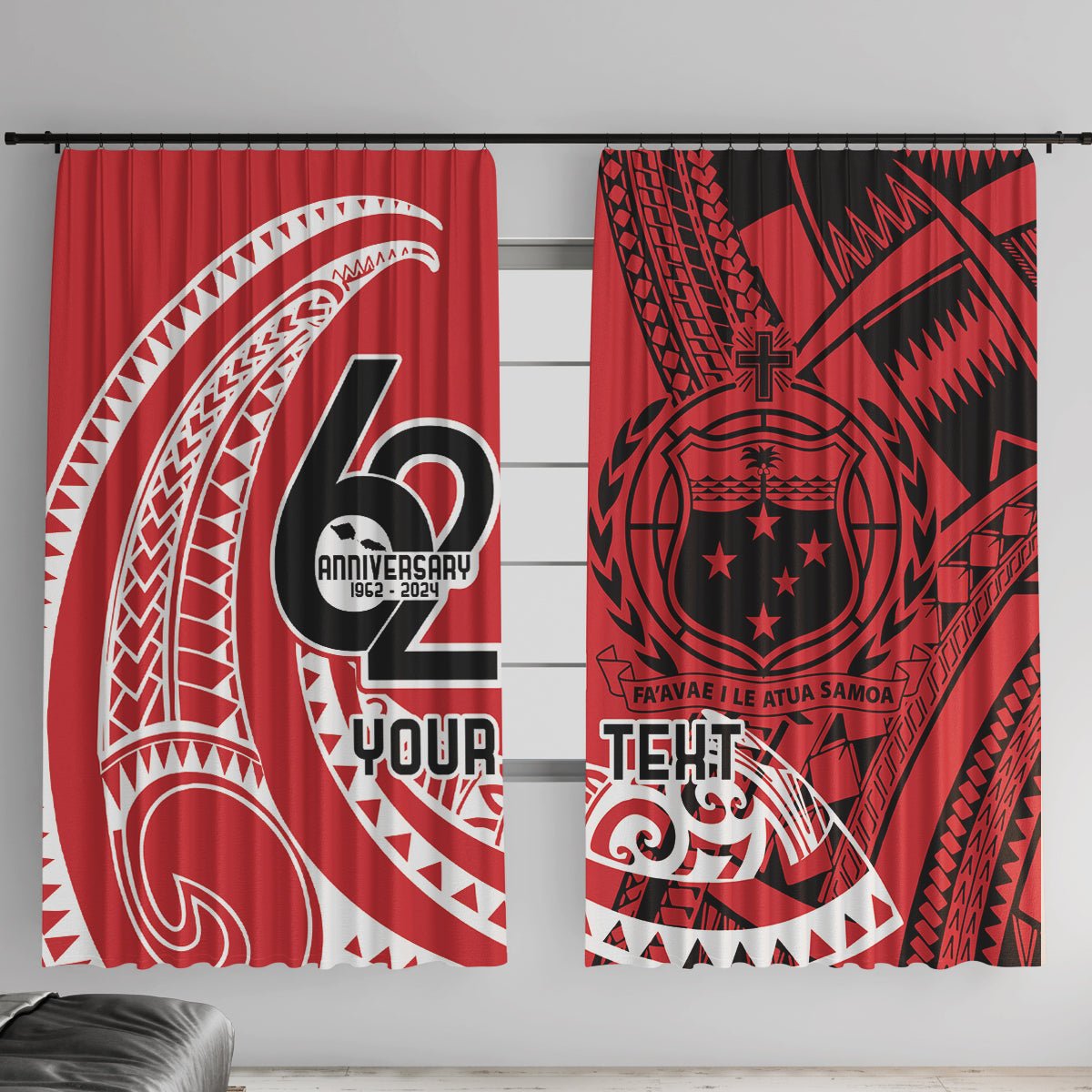 Custom Samoa Manuia le 62 Tausaga O le Tutoatasi Window Curtain Samoan Tatau Red Art LT9 With Hooks Red - Polynesian Pride