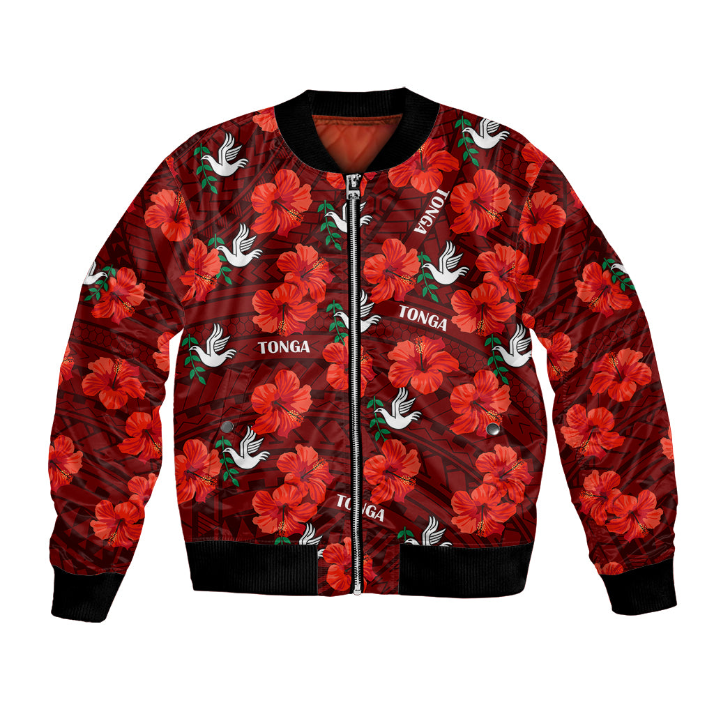 Tonga Rugby Bomber Jacket Polynesian Style With Hibiscus LT9 Unisex Red - Polynesian Pride