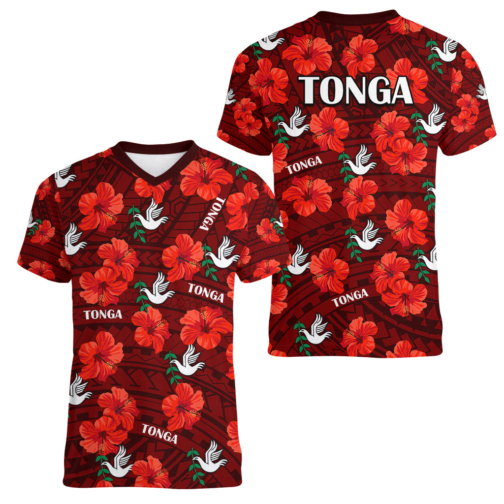 Tonga Rugby Women V Neck T Shirt Polynesian Style With Hibiscus LT9 - Polynesian Pride