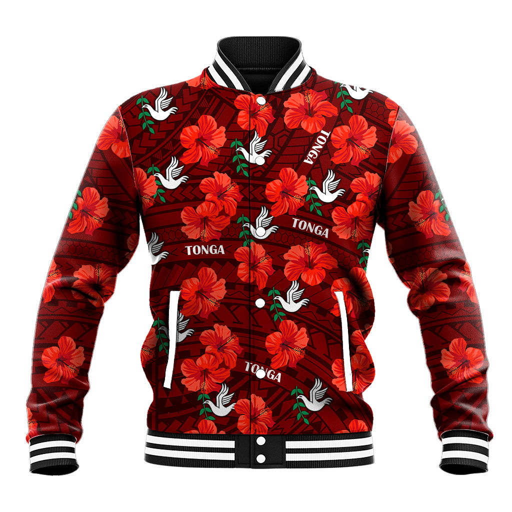 (Custom Text And Number) Tonga Rugby Baseball Jacket Polynesian Style With Hibiscus LT9 Unisex Red - Polynesian Pride