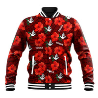 (Custom Text And Number) Tonga Rugby Baseball Jacket Polynesian Style With Hibiscus LT9 Unisex Red - Polynesian Pride