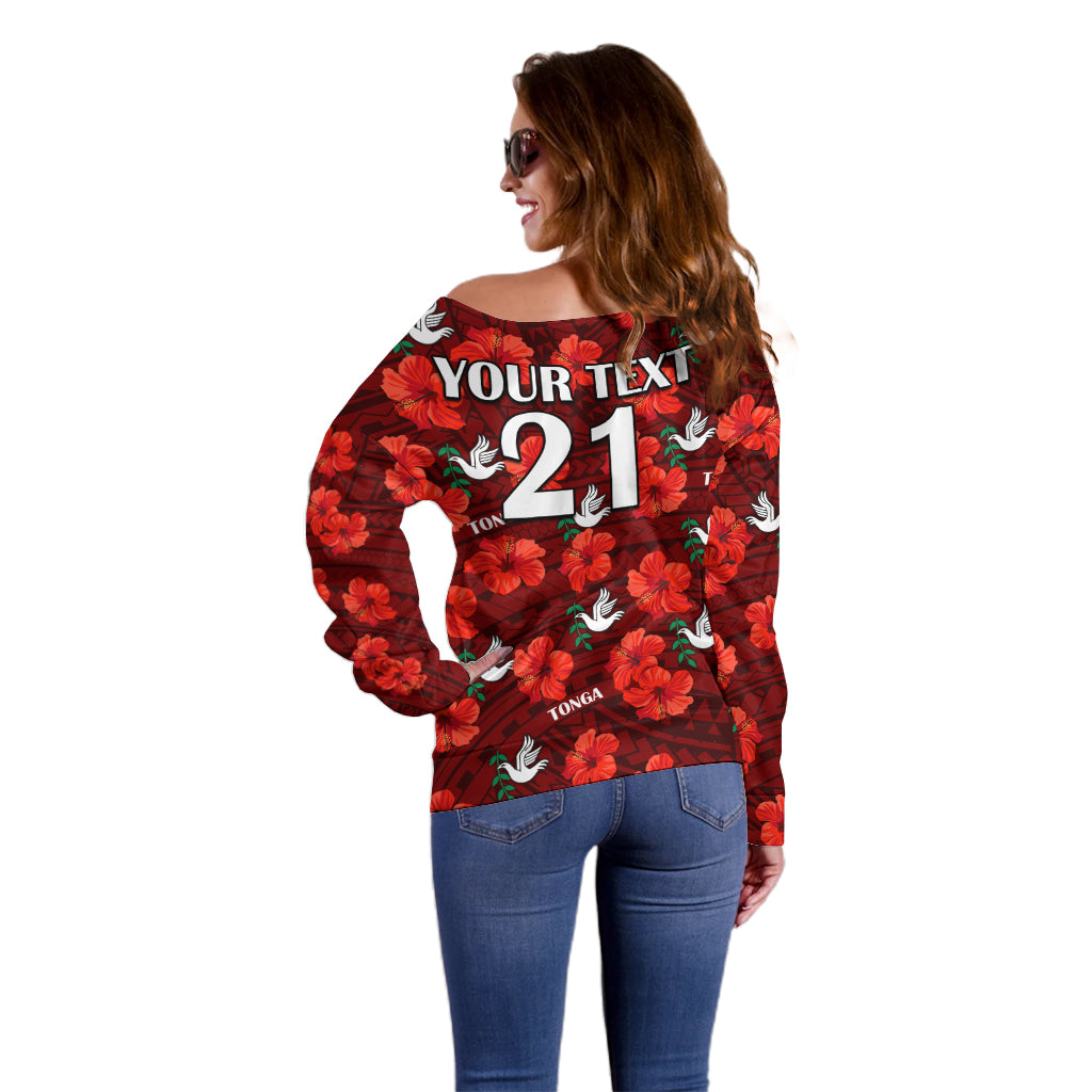 (Custom Text And Number) Tonga Rugby Off Shoulder Sweater Polynesian Style With Hibiscus LT9 - Polynesian Pride